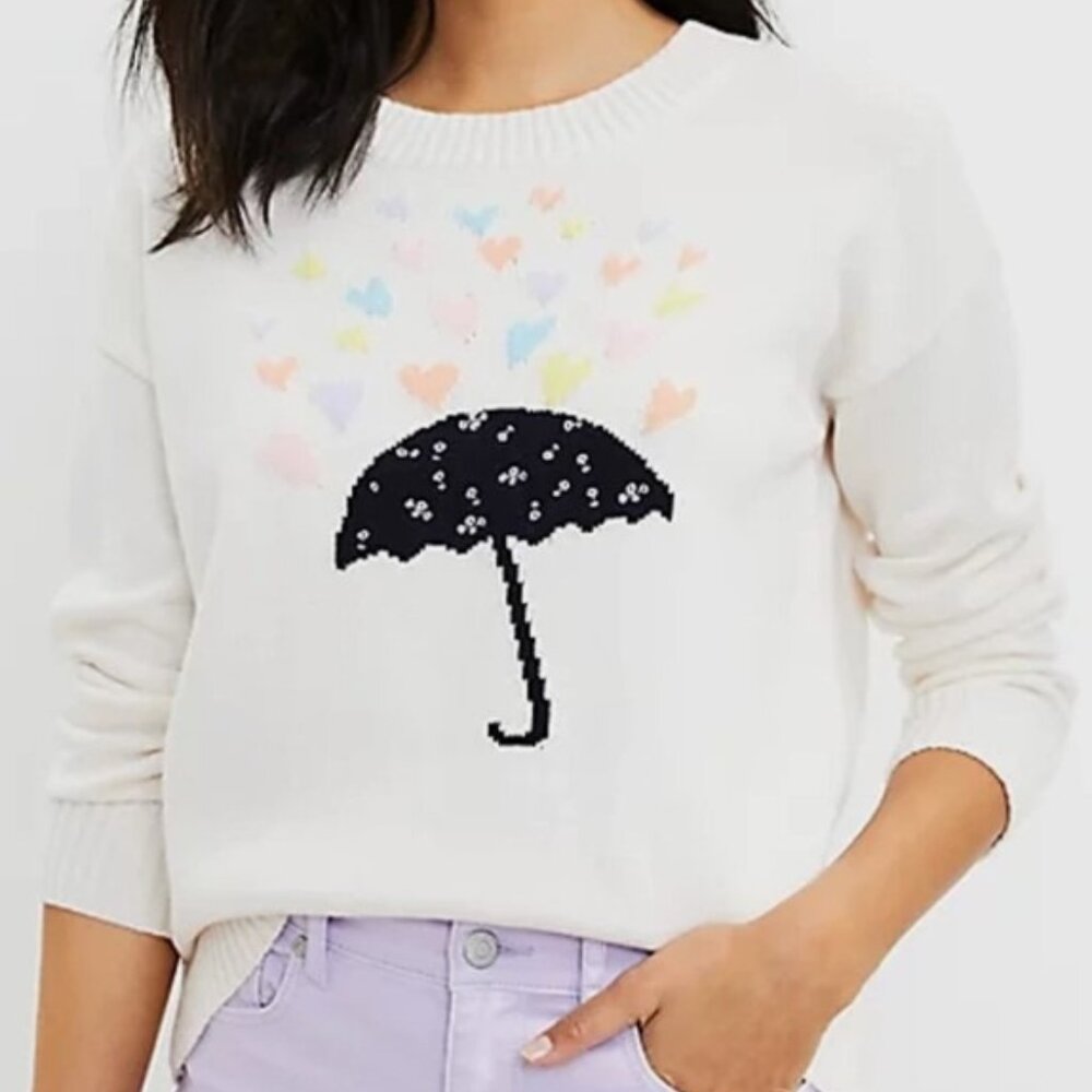 Loft Spring Rain Hearts over Umbrella Ivory Sweater NWT Women Size Medium